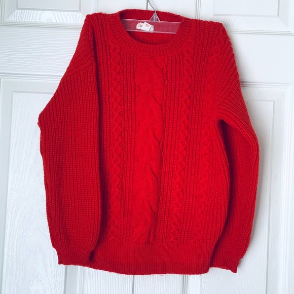 KIDS Red Cable Knit Cunky Long Sleeve Soft Sweater Unisex - Picture 1 of 12